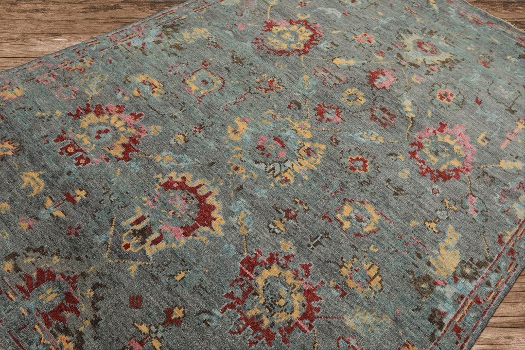 6x9 Gray, Aqua, Pink Color Hand Knotted Oushak Wool Traditional Oriental Rug