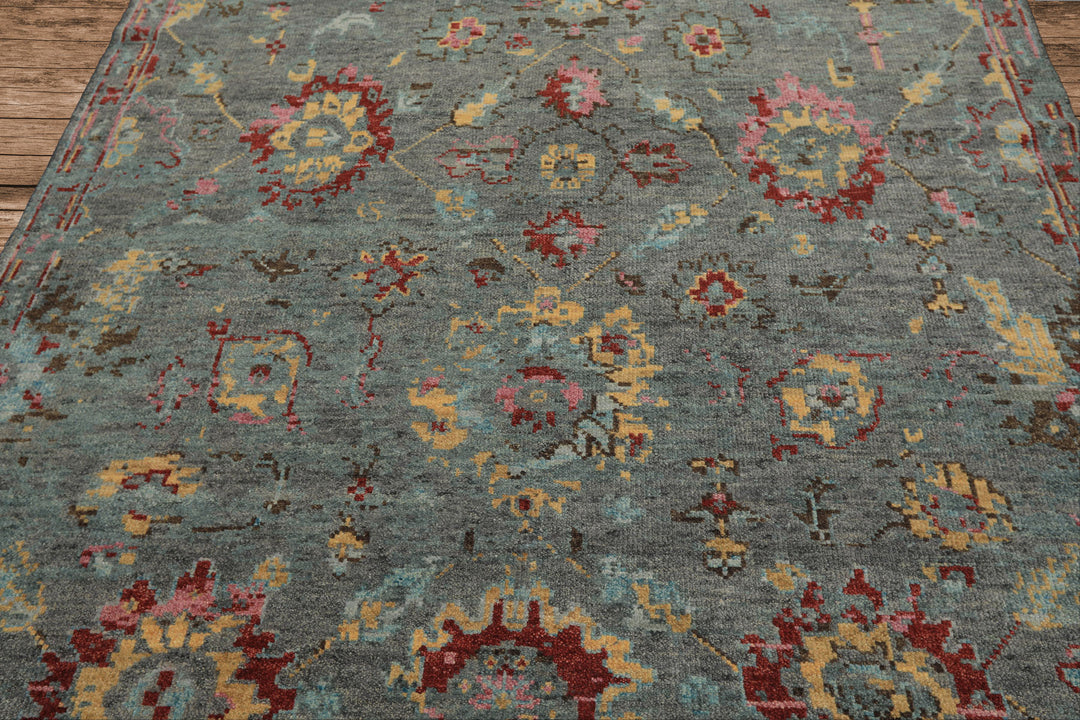6x9 Gray, Aqua, Pink Color Hand Knotted Oushak Wool Traditional Oriental Rug