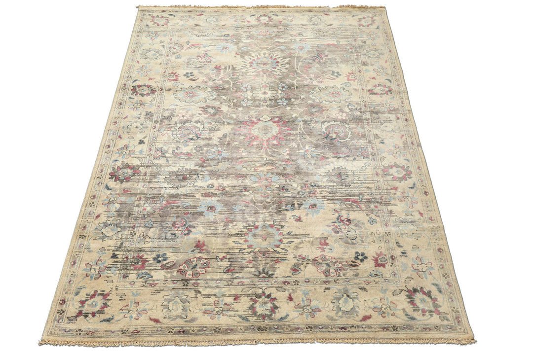 6x9 Taupe, Gray, Ivory Color Hand Knotted Oushak Wool Transitional Oriental Rug