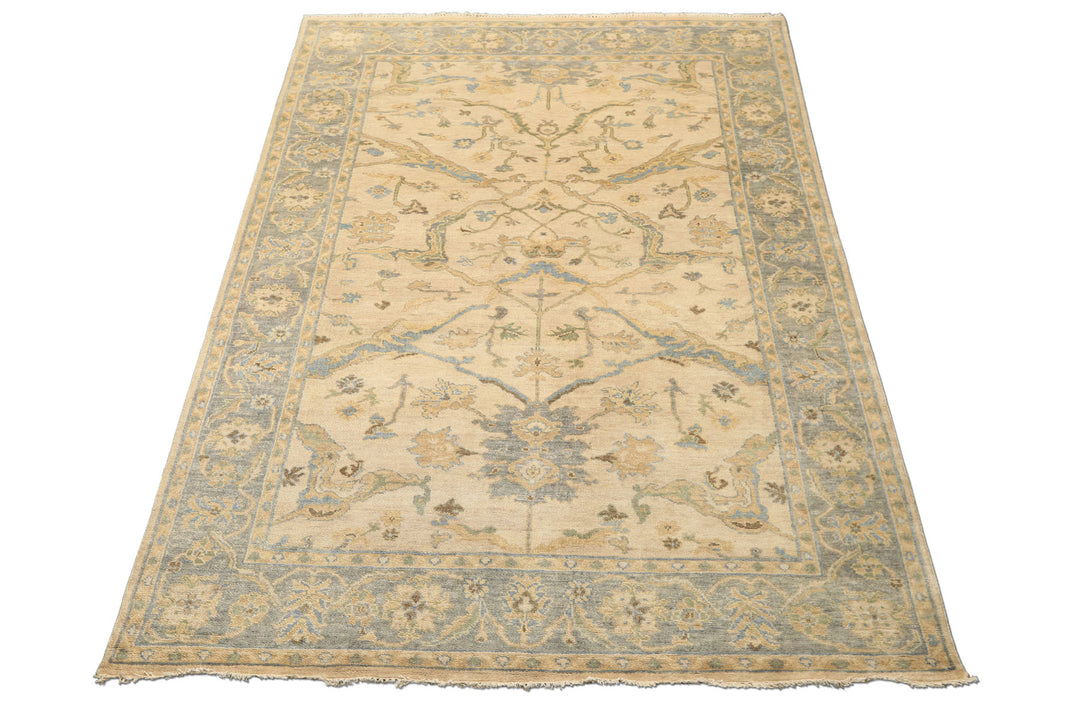 6x9 Beige, Aqua, Light Gold Color Hand Knotted Oushak Wool Traditional Oriental Rug