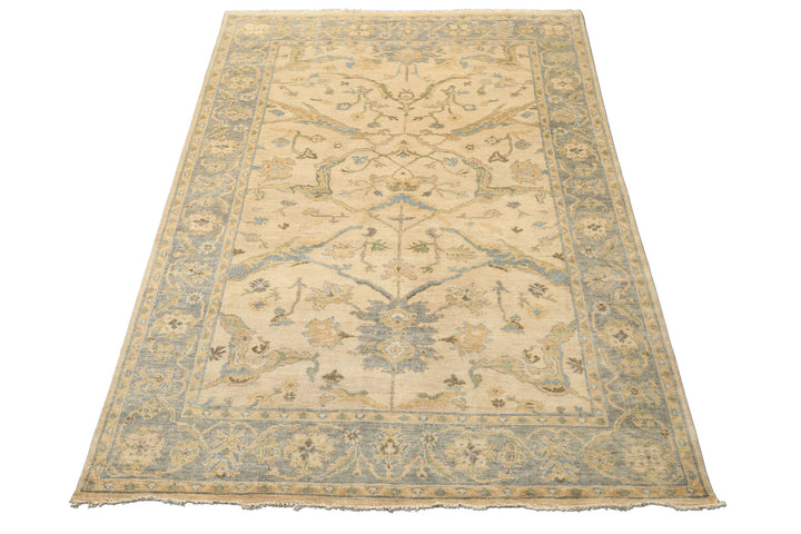 6x9 Beige, Aqua, Light Gold Color Hand Knotted Oushak Wool Traditional Oriental Rug
