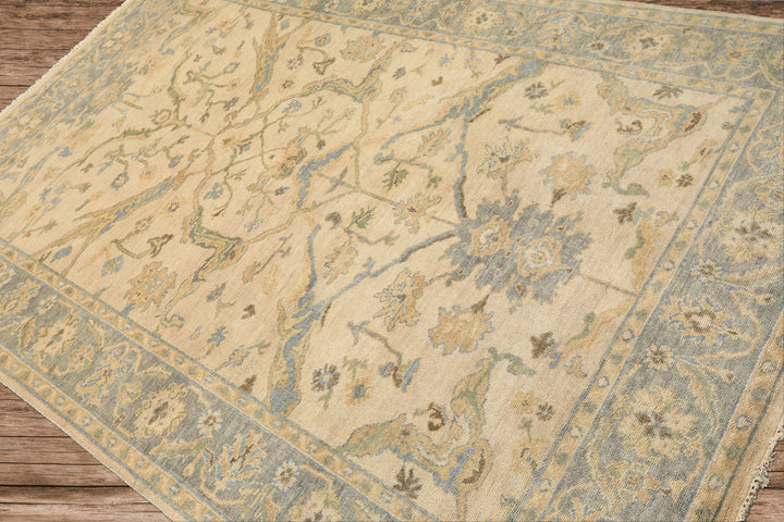 6x9 Beige, Aqua, Light Gold Color Hand Knotted Oushak Wool Traditional Oriental Rug