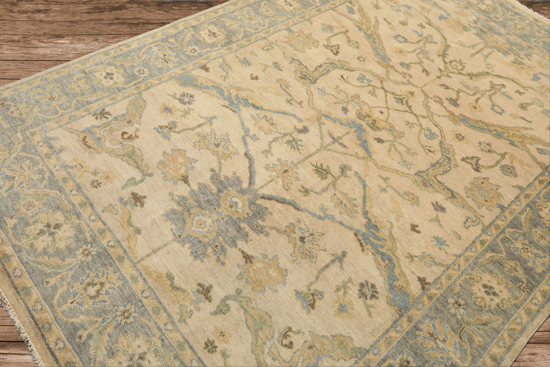 6x9 Beige, Aqua, Light Gold Color Hand Knotted Oushak Wool Traditional Oriental Rug