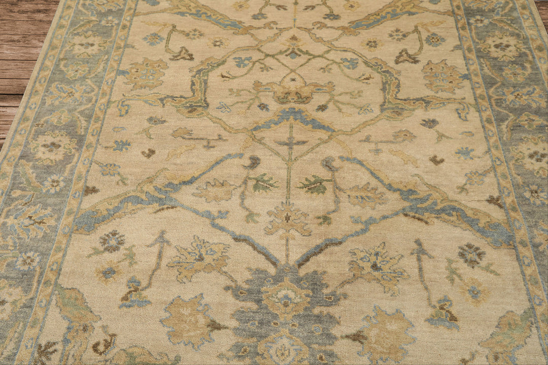 6x9 Beige, Aqua, Light Gold Color Hand Knotted Oushak Wool Traditional Oriental Rug