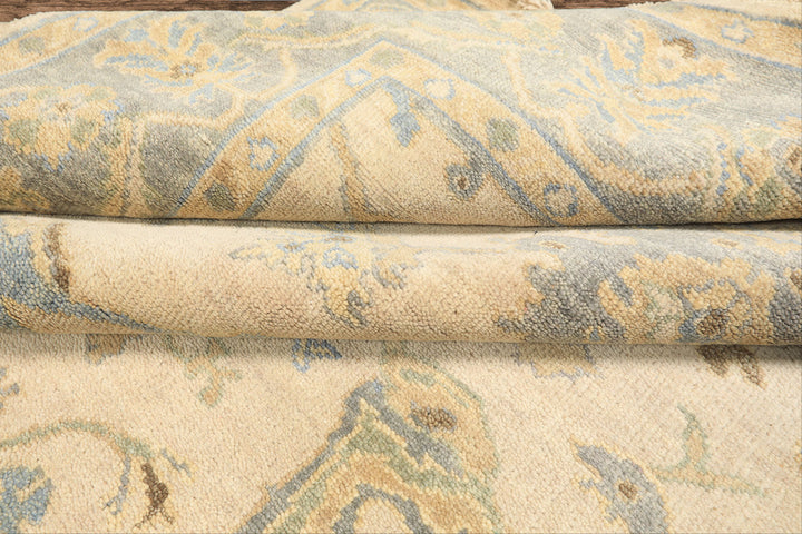 6x9 Beige, Aqua, Light Gold Color Hand Knotted Oushak Wool Traditional Oriental Rug