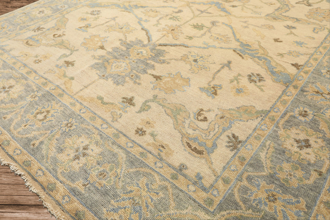 6x9 Beige, Aqua, Light Gold Color Hand Knotted Oushak Wool Traditional Oriental Rug