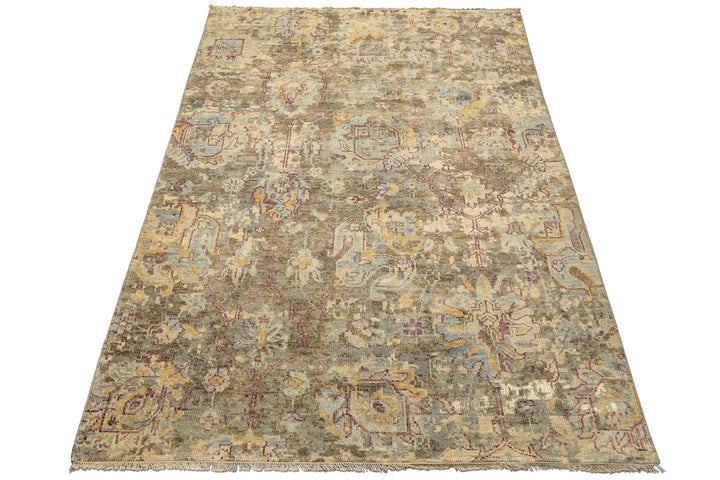 6x9 Beige, Moss, Aqua Color Hand Knotted Oushak Wool Traditional Oriental Rug