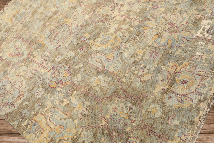 6x9 Beige, Moss, Aqua Color Hand Knotted Oushak Wool Traditional Oriental Rug