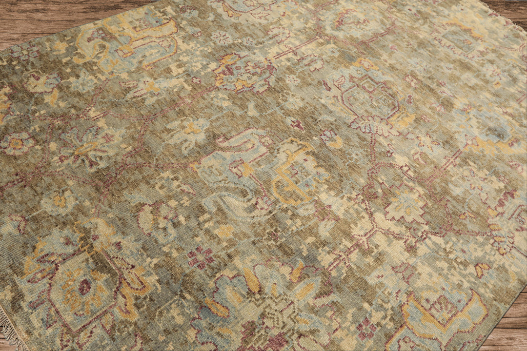 6x9 Beige, Moss, Aqua Color Hand Knotted Oushak Wool Traditional Oriental Rug