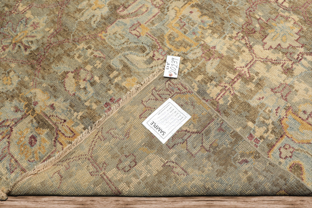6x9 Beige, Moss, Aqua Color Hand Knotted Oushak Wool Traditional Oriental Rug
