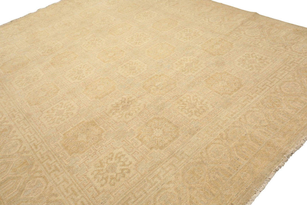 8x10 Beige, Tan, Celadon Color Hand Knotted Oushak Wool Transitional Oriental Rug