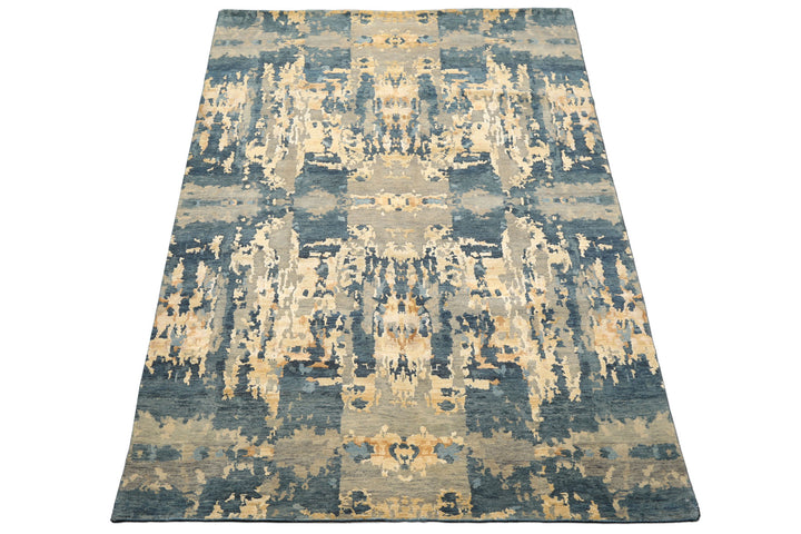 6x9 Gray, Aqua, Ivory Color Hand Knotted Indo Tibetan Wool & Bamboo Silk Modern & Contemporary Oriental Rug