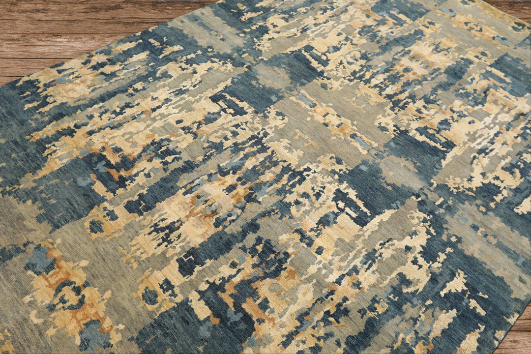 6x9 Gray, Aqua, Ivory Color Hand Knotted Indo Tibetan Wool & Bamboo Silk Modern & Contemporary Oriental Rug