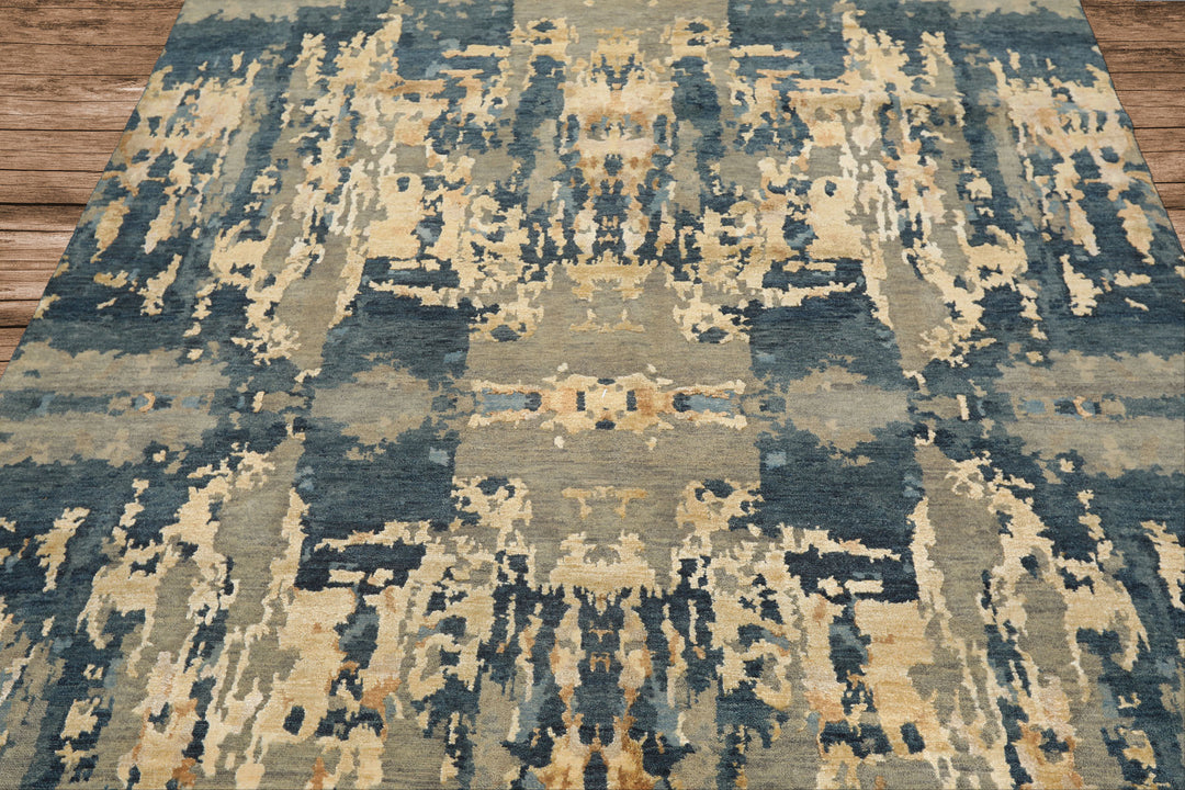 6x9 Gray, Aqua, Ivory Color Hand Knotted Indo Tibetan Wool & Bamboo Silk Modern & Contemporary Oriental Rug