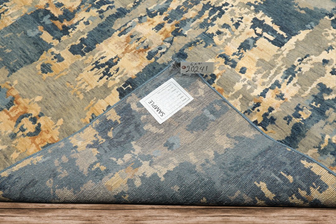 6x9 Gray, Aqua, Ivory Color Hand Knotted Indo Tibetan Wool & Bamboo Silk Modern & Contemporary Oriental Rug