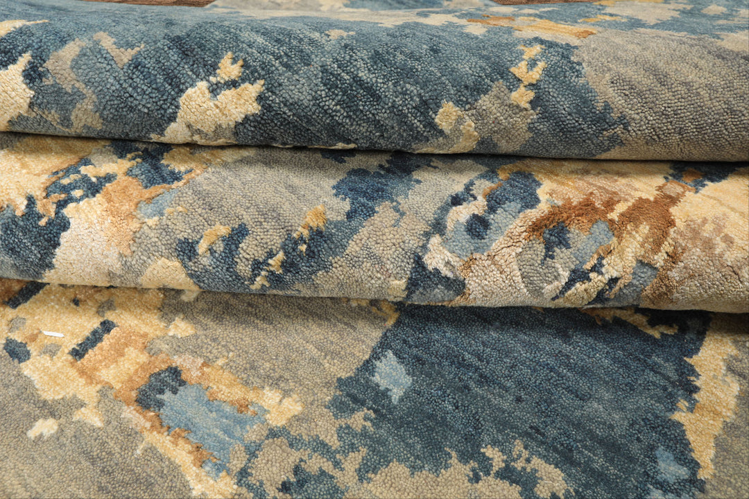 6x9 Gray, Aqua, Ivory Color Hand Knotted Indo Tibetan Wool & Bamboo Silk Modern & Contemporary Oriental Rug