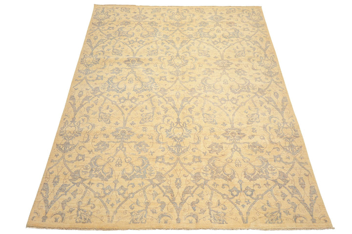 8x10 Ivory, Gray, Teal Color Hand Knotted Peshawar Wool Transitional Oriental Rug