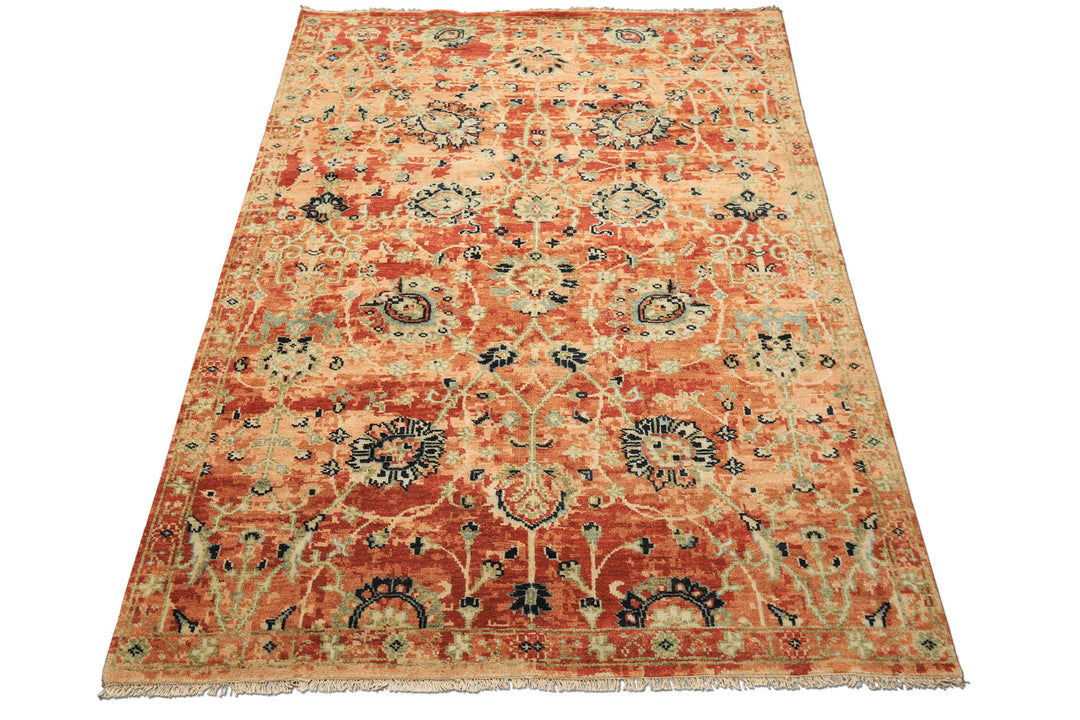 6x9 Burnt Orange, Blush, Aqua Color Hand Knotted Oushak Wool Arts & Crafts Oriental Rug