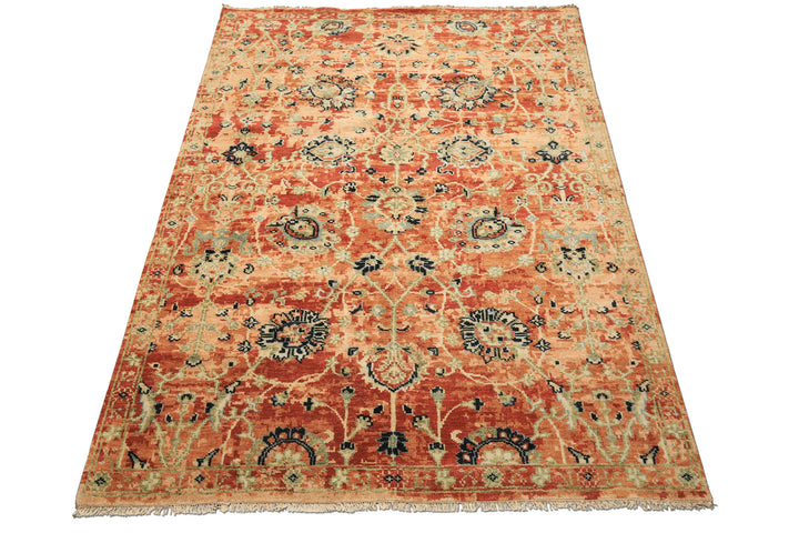 6x9 Burnt Orange, Blush, Aqua Color Hand Knotted Oushak Wool Arts & Crafts Oriental Rug