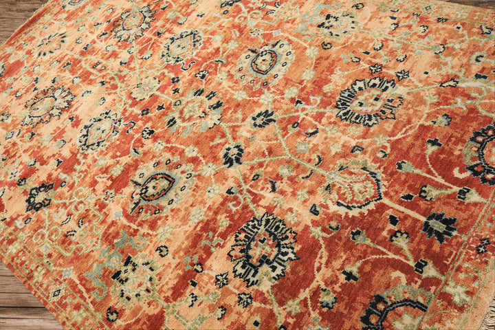 6x9 Burnt Orange, Blush, Aqua Color Hand Knotted Oushak Wool Arts & Crafts Oriental Rug