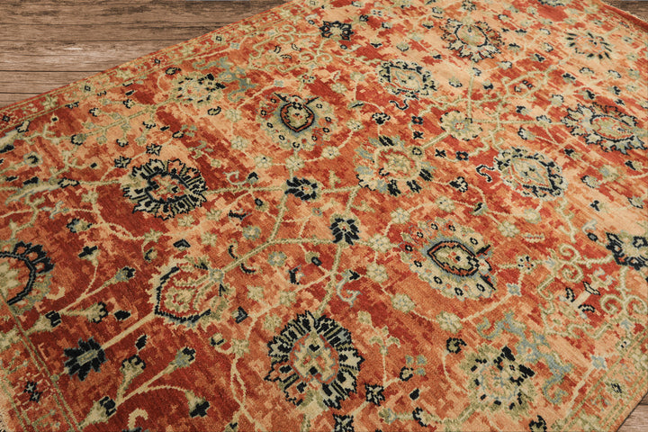 6x9 Burnt Orange, Blush, Aqua Color Hand Knotted Oushak Wool Arts & Crafts Oriental Rug