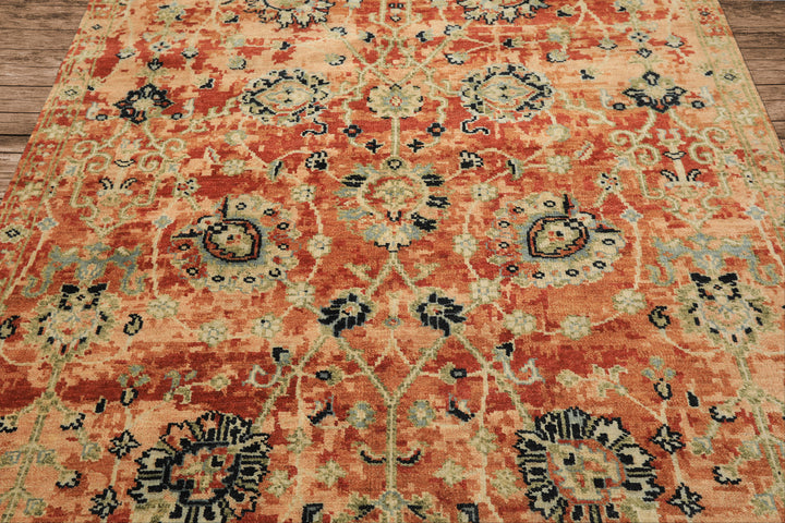 6x9 Burnt Orange, Blush, Aqua Color Hand Knotted Oushak Wool Arts & Crafts Oriental Rug