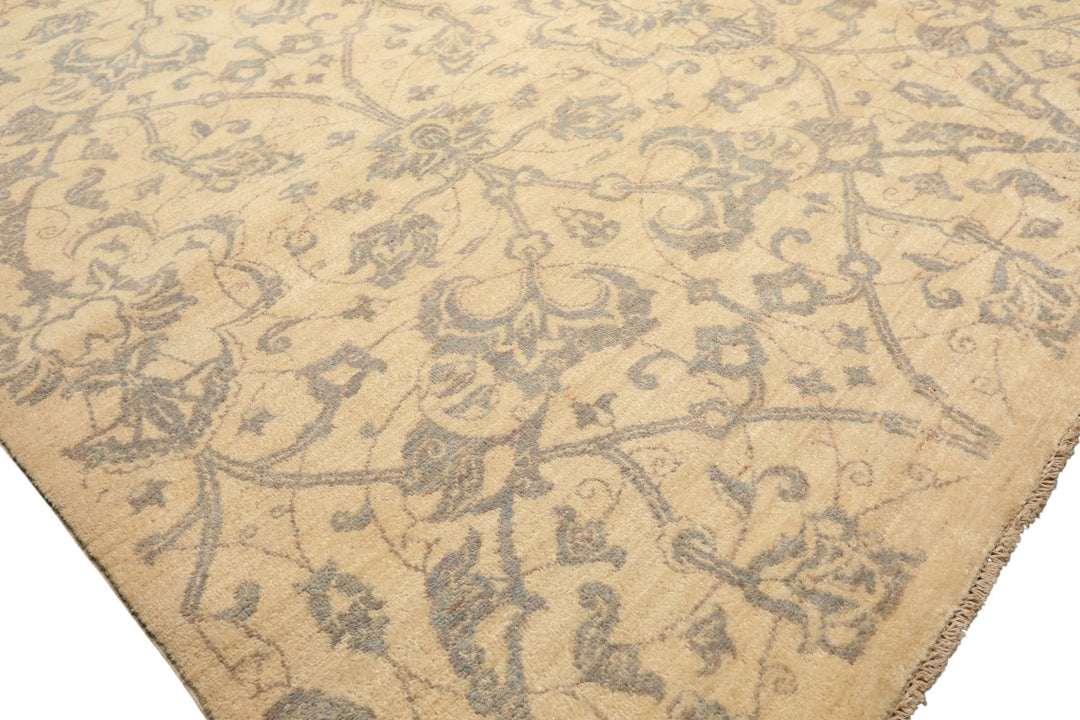 8x10 Ivory, Gray, Teal Color Hand Knotted Peshawar Wool Transitional Oriental Rug