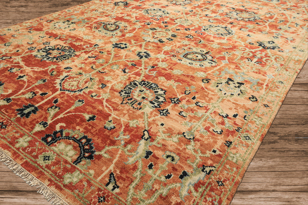 6x9 Burnt Orange, Blush, Aqua Color Hand Knotted Oushak Wool Arts & Crafts Oriental Rug