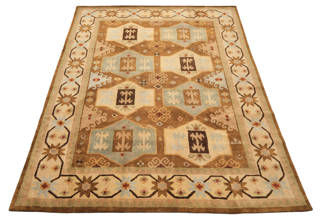 8x10 Beige, Gold, Sage Color Hand Knotted Tibetan Wool Modern &amp; Contemporary Oriental Rug