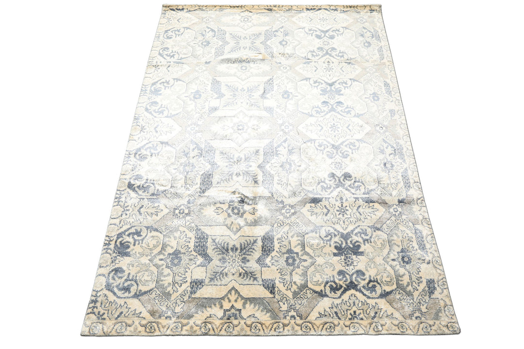 6x9 Ivory, Gray, Slate Color Hand Knotted Indo Tibetan 100% Bamboo Silk Transitional Oriental Rug