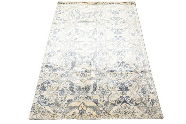 6x9 Ivory, Gray, Slate Color Hand Knotted Indo Tibetan 100% Bamboo Silk Transitional Oriental Rug