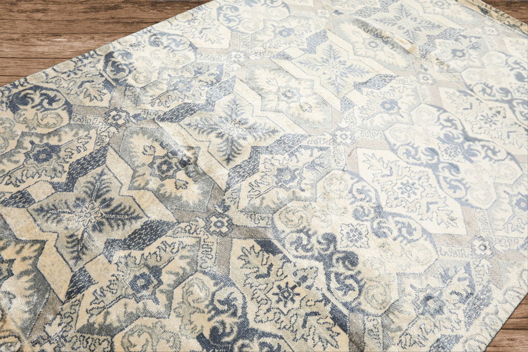 6x9 Ivory, Gray, Slate Color Hand Knotted Indo Tibetan 100% Bamboo Silk Transitional Oriental Rug