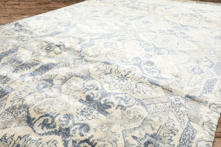 6x9 Ivory, Gray, Slate Color Hand Knotted Indo Tibetan 100% Bamboo Silk Transitional Oriental Rug