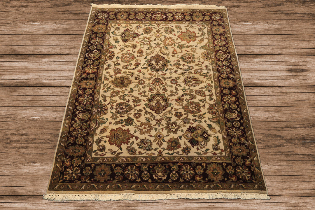 5x7 Beige, Maroon, Green Color Hand Knotted Agra Wool Traditional Oriental Rug