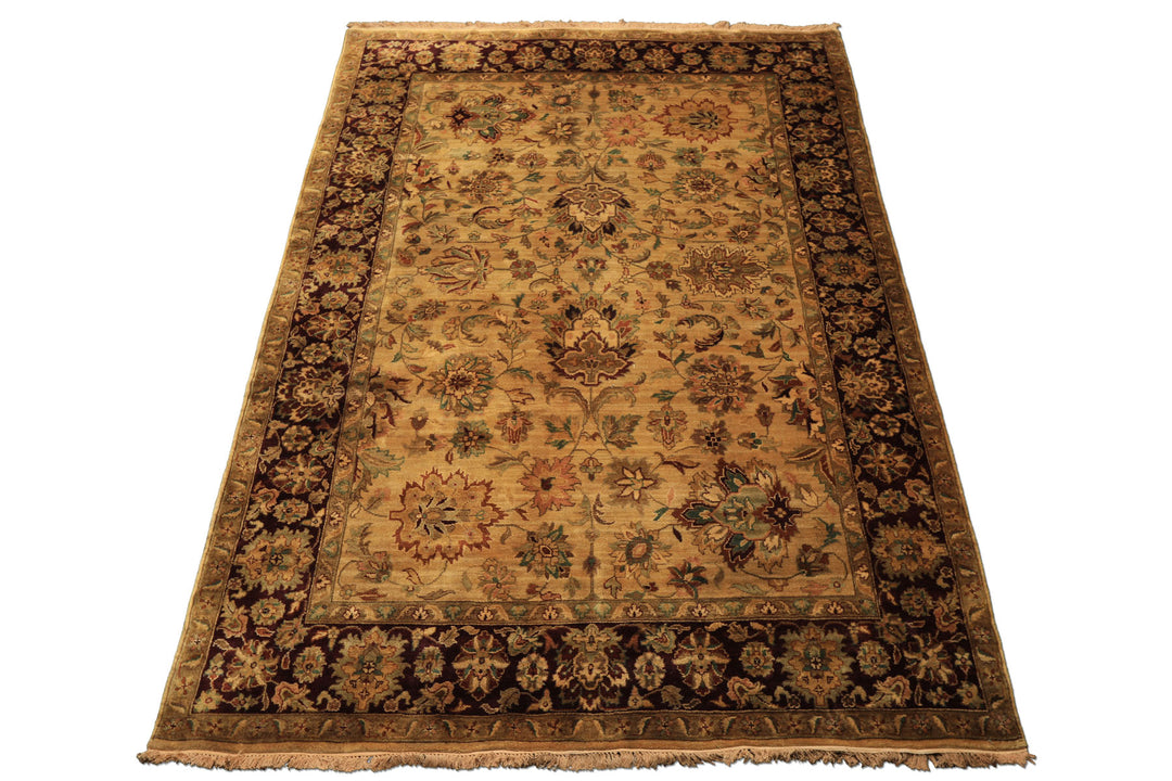 6x9 Gold, Maroon, Turquoise Color Hand Knotted Agra Wool Traditional Oriental Rug