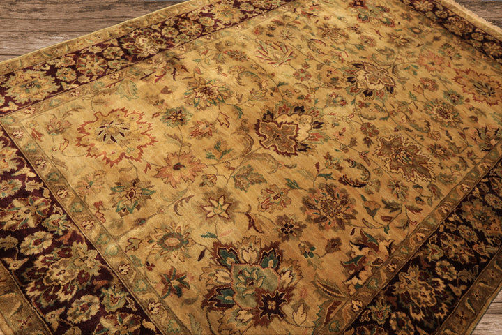 6x9 Gold, Maroon, Turquoise Color Hand Knotted Agra Wool Traditional Oriental Rug