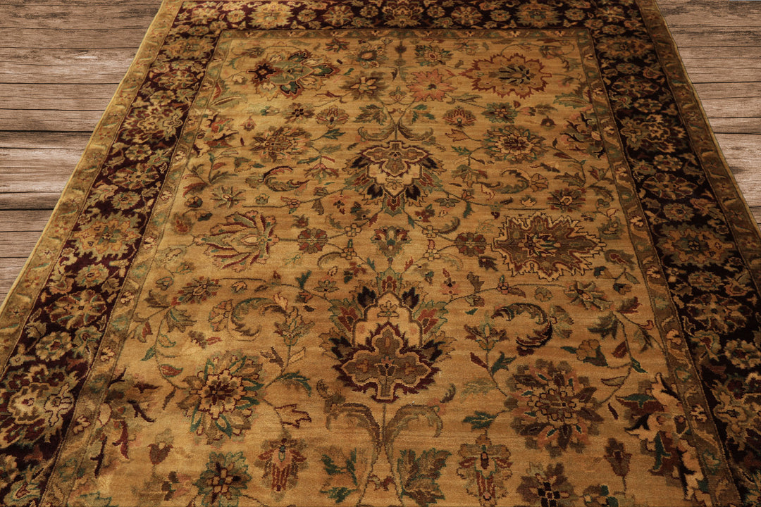 6x9 Gold, Maroon, Turquoise Color Hand Knotted Agra Wool Traditional Oriental Rug