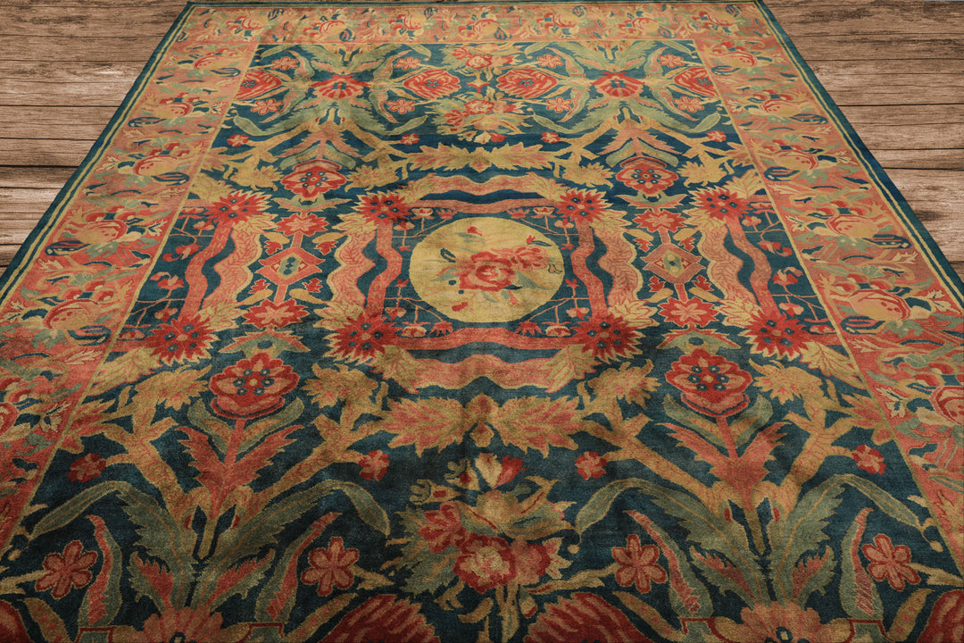 9x12 Teal, Turquoise, Rose Color Hand Knotted Oushak Wool Arts &amp; Crafts Oriental Rug