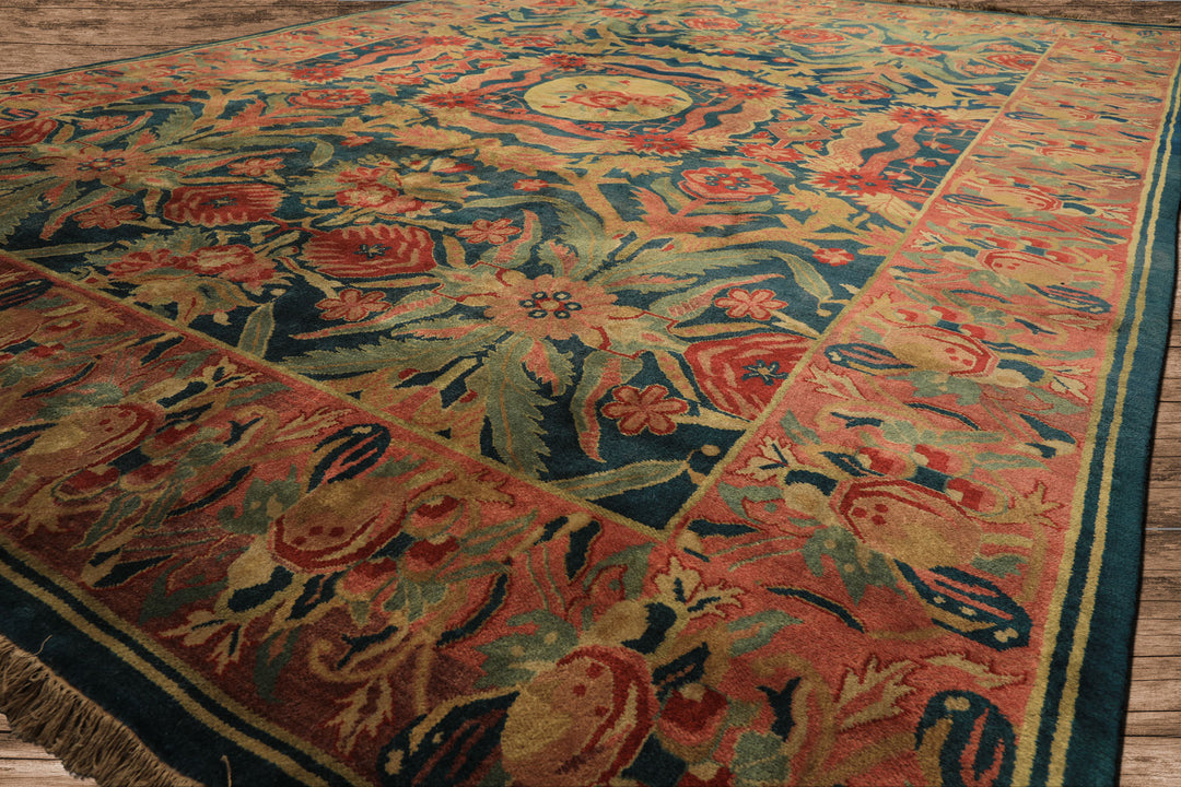 9x12 Teal, Turquoise, Rose Color Hand Knotted Oushak Wool Arts &amp; Crafts Oriental Rug