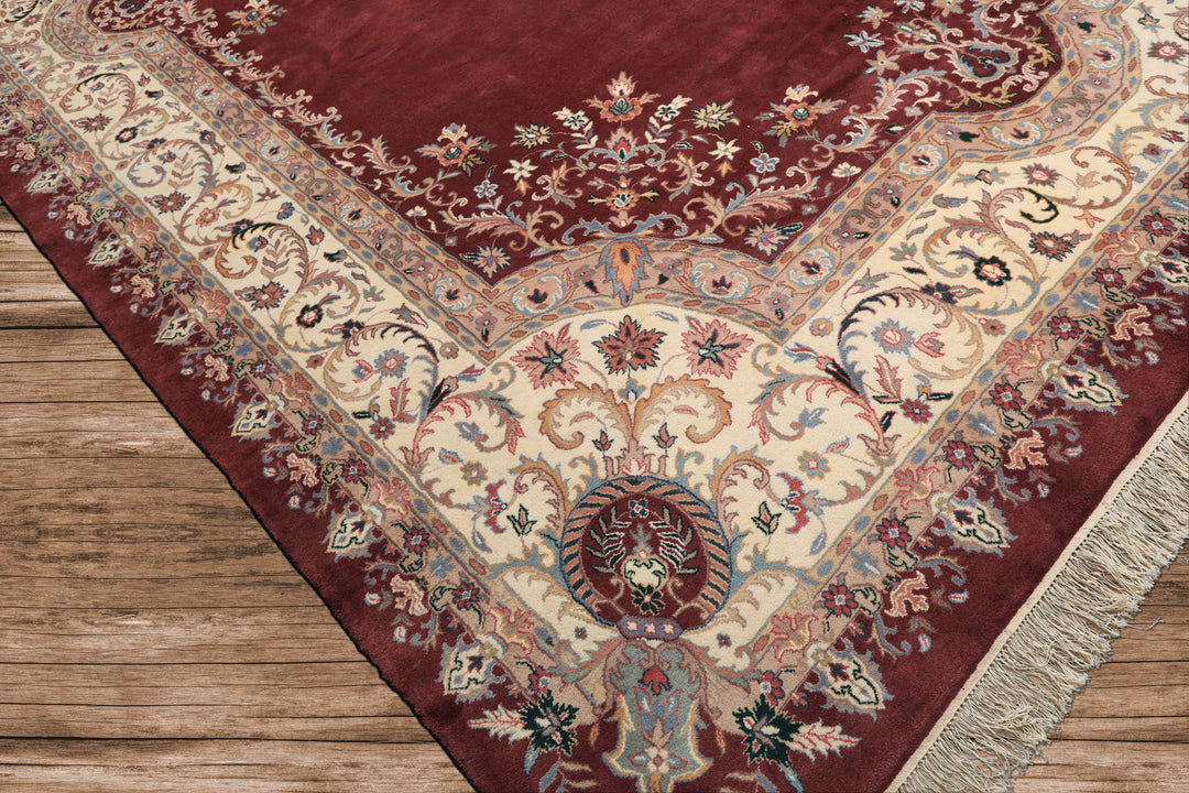 Oversize Plum, Ivory, Aqua Color Hand Knotted Indo Kerman Wool Traditional Oriental Rug