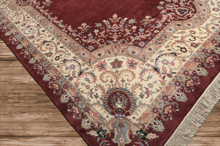 Oversize Plum, Ivory, Aqua Color Hand Knotted Indo Kerman Wool Traditional Oriental Rug