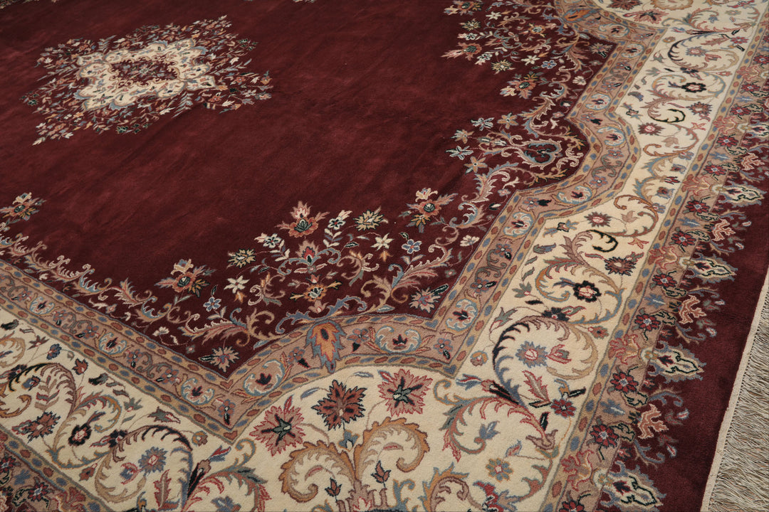 Oversize Plum, Ivory, Aqua Color Hand Knotted Indo Kerman Wool Traditional Oriental Rug