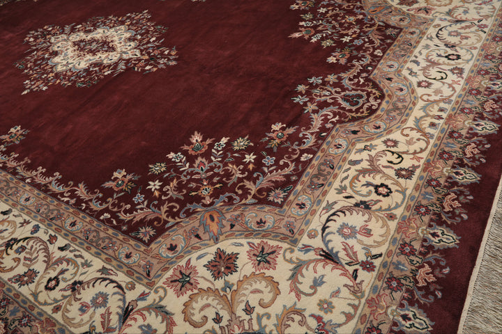 Oversize Plum, Ivory, Aqua Color Hand Knotted Indo Kerman Wool Traditional Oriental Rug
