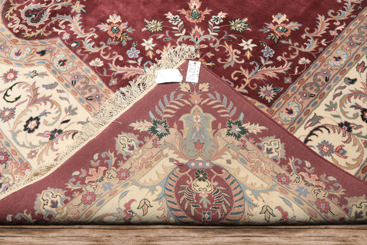 Oversize Plum, Ivory, Aqua Color Hand Knotted Indo Kerman Wool Traditional Oriental Rug