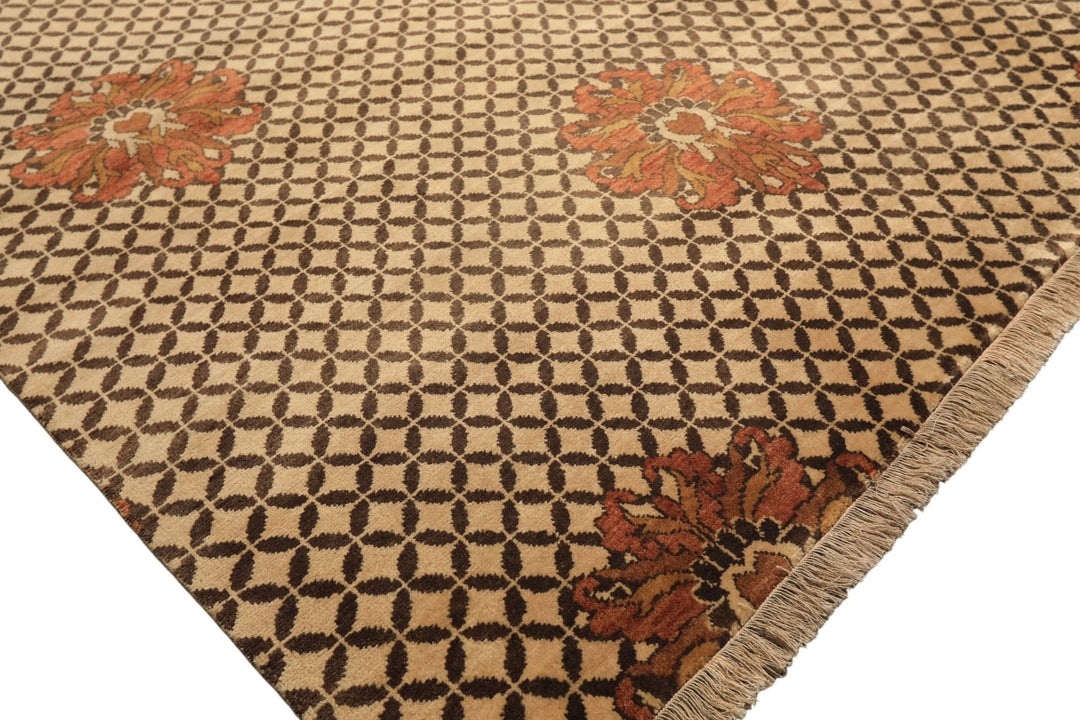 8x10 Beige, Brown, Burnt Orange Color Hand Knotted Agra Wool Transitional Oriental Rug