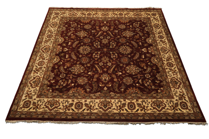 Square Maroon, Ivory, Moss Color Hand Knotted Agra Wool Traditional Oriental Rug