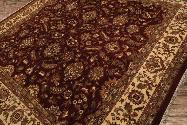 Square Maroon, Ivory, Moss Color Hand Knotted Agra Wool Traditional Oriental Rug