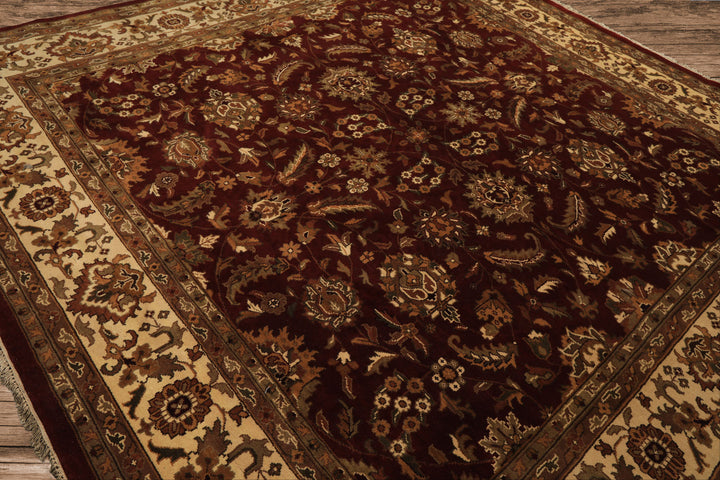 Square Maroon, Ivory, Moss Color Hand Knotted Agra Wool Traditional Oriental Rug