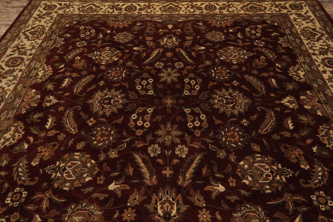 Square Maroon, Ivory, Moss Color Hand Knotted Agra Wool Traditional Oriental Rug