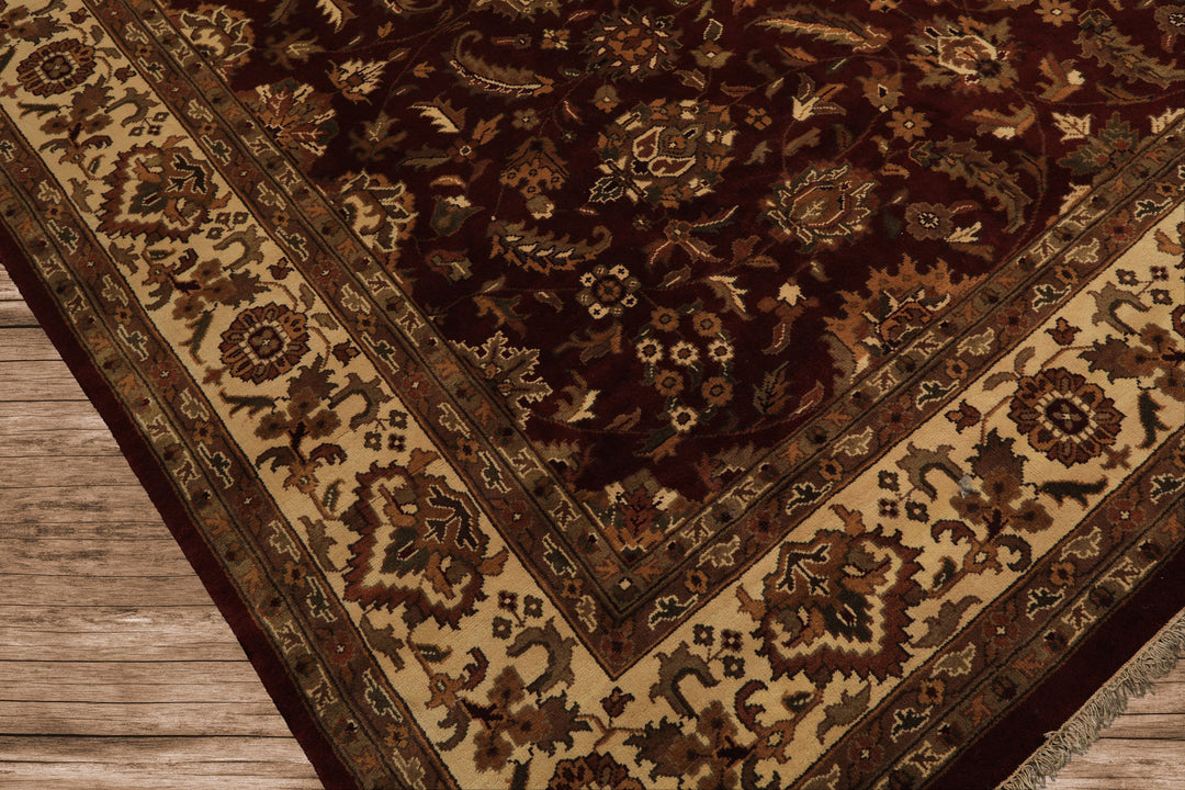 Square Maroon, Ivory, Moss Color Hand Knotted Agra Wool Traditional Oriental Rug